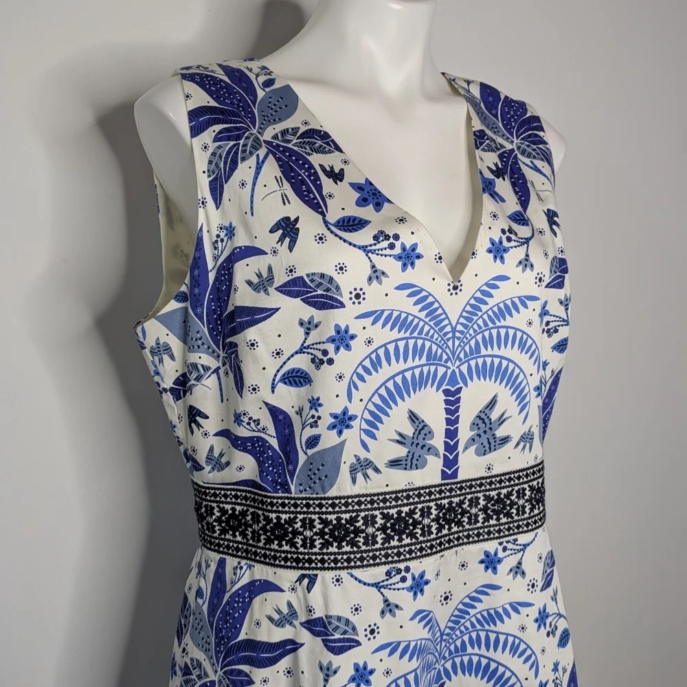 Boden Blue White Floral Bird Palm Tree Sleeveless V Neck Cotton Midi Dress 12 - Picture 4 of 10